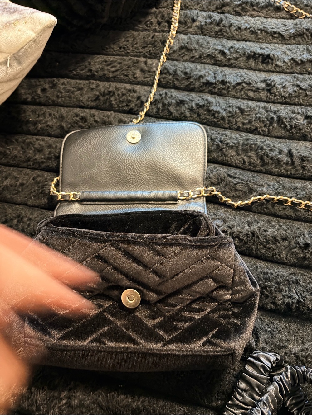 Bebe Black Quilted Velvet Crossbody Bag with Chain Strap